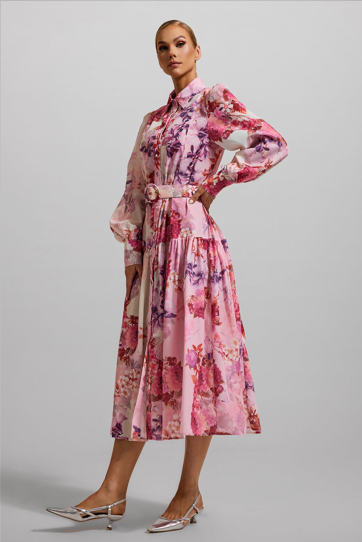 Shirt Collar Midi Dress With Belt