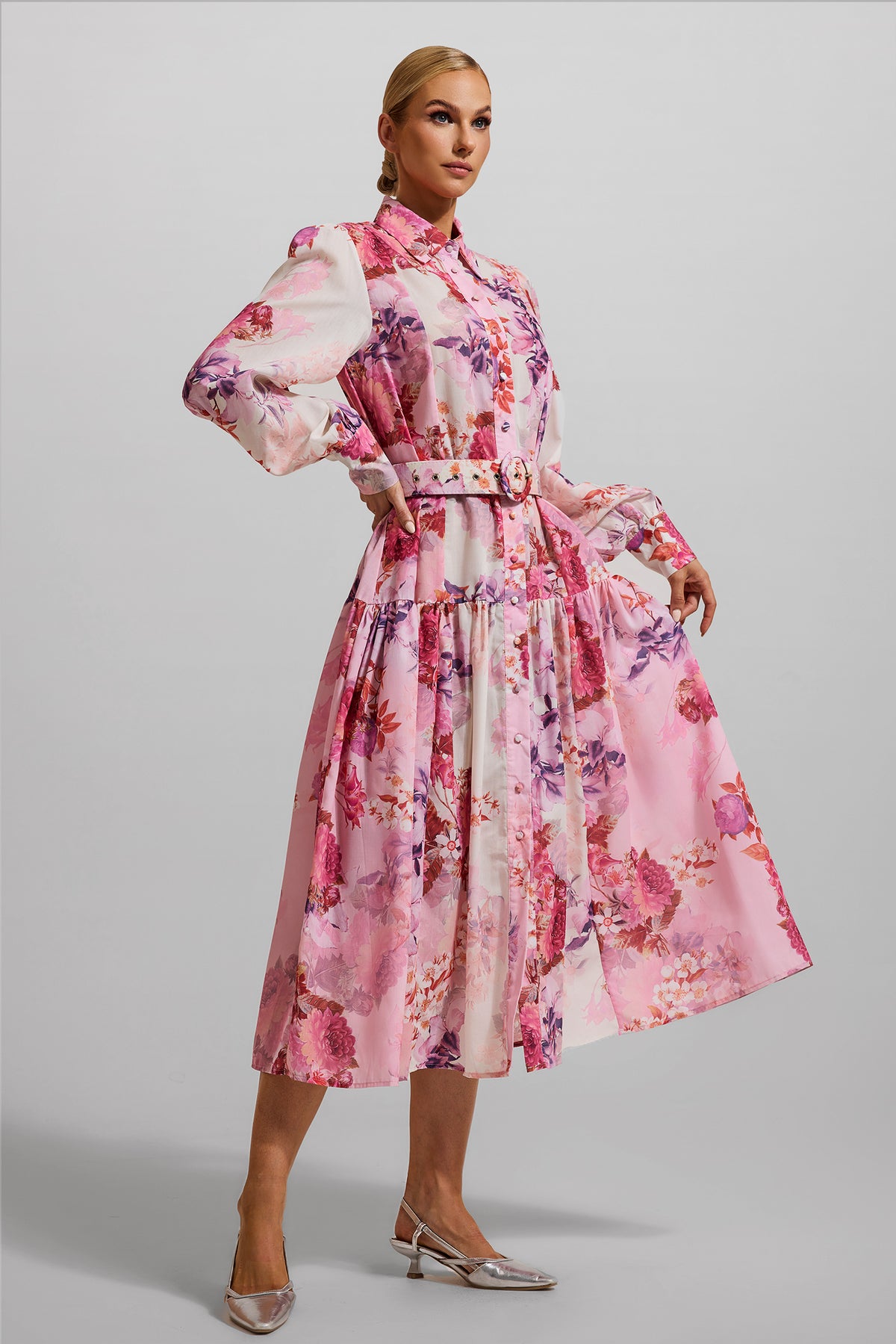 Shirt Collar Midi Dress With Belt