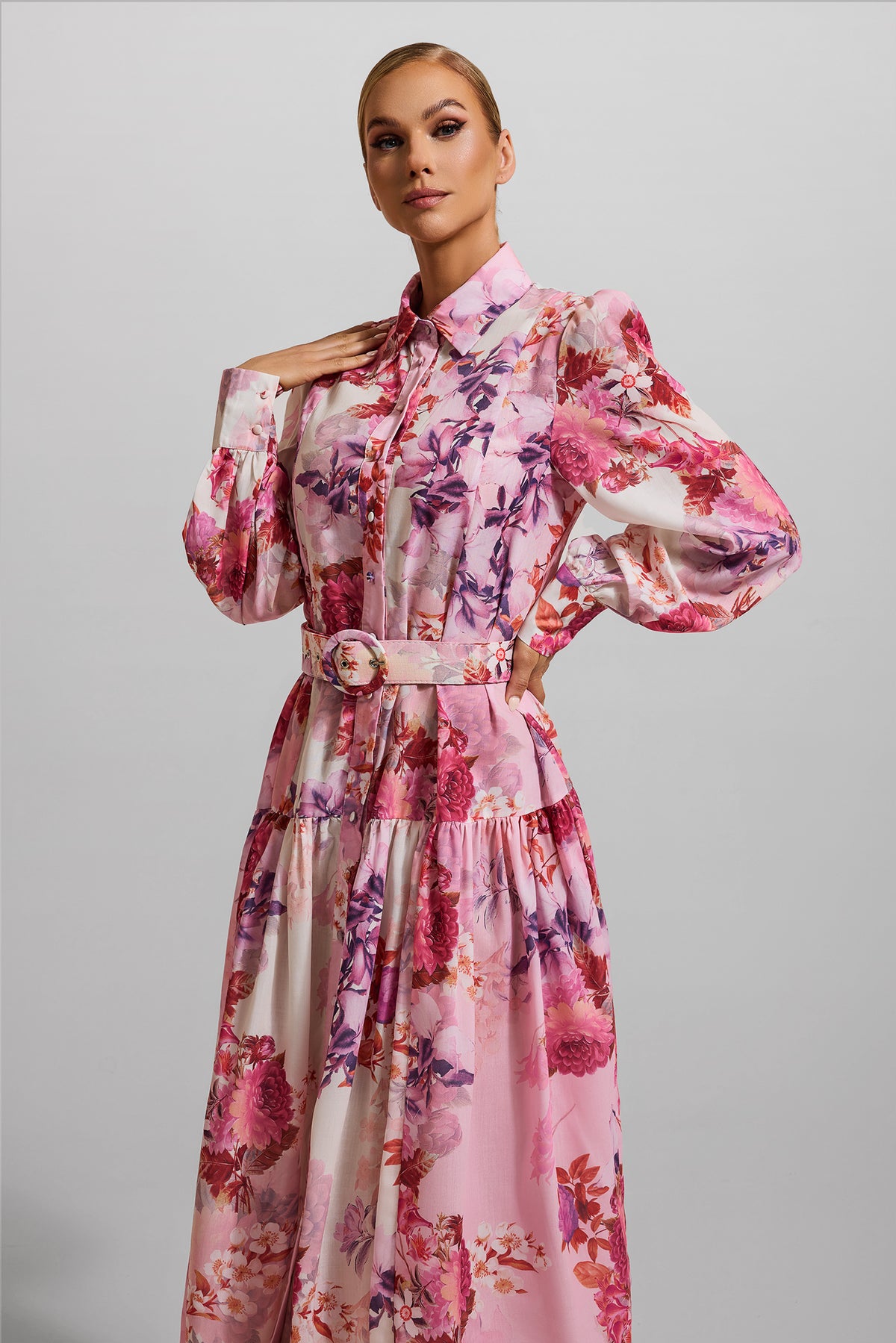 Shirt Collar Midi Dress With Belt