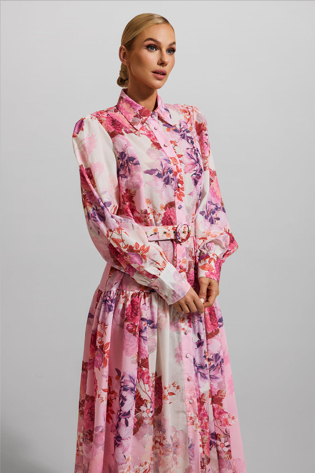 Shirt Collar Midi Dress With Belt