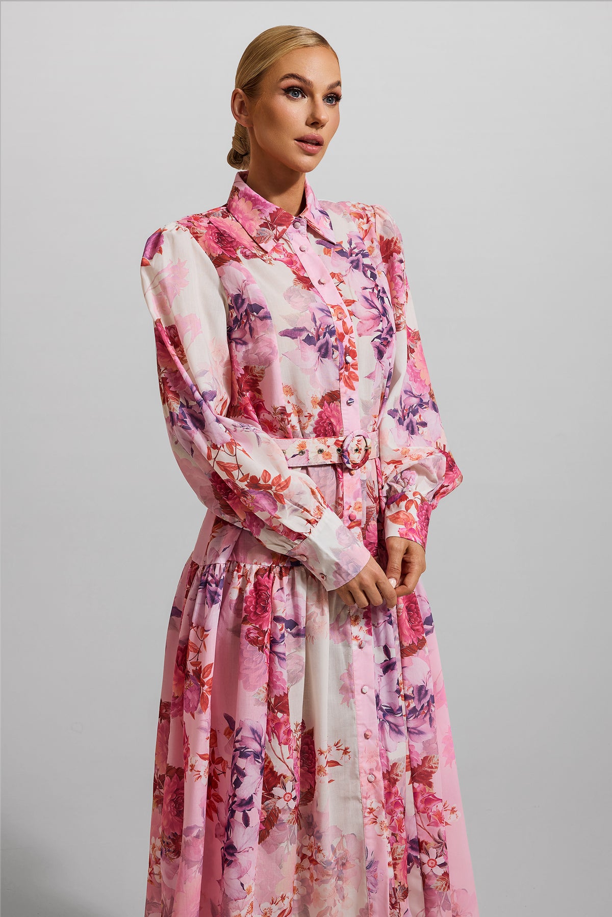 Shirt Collar Midi Dress With Belt
