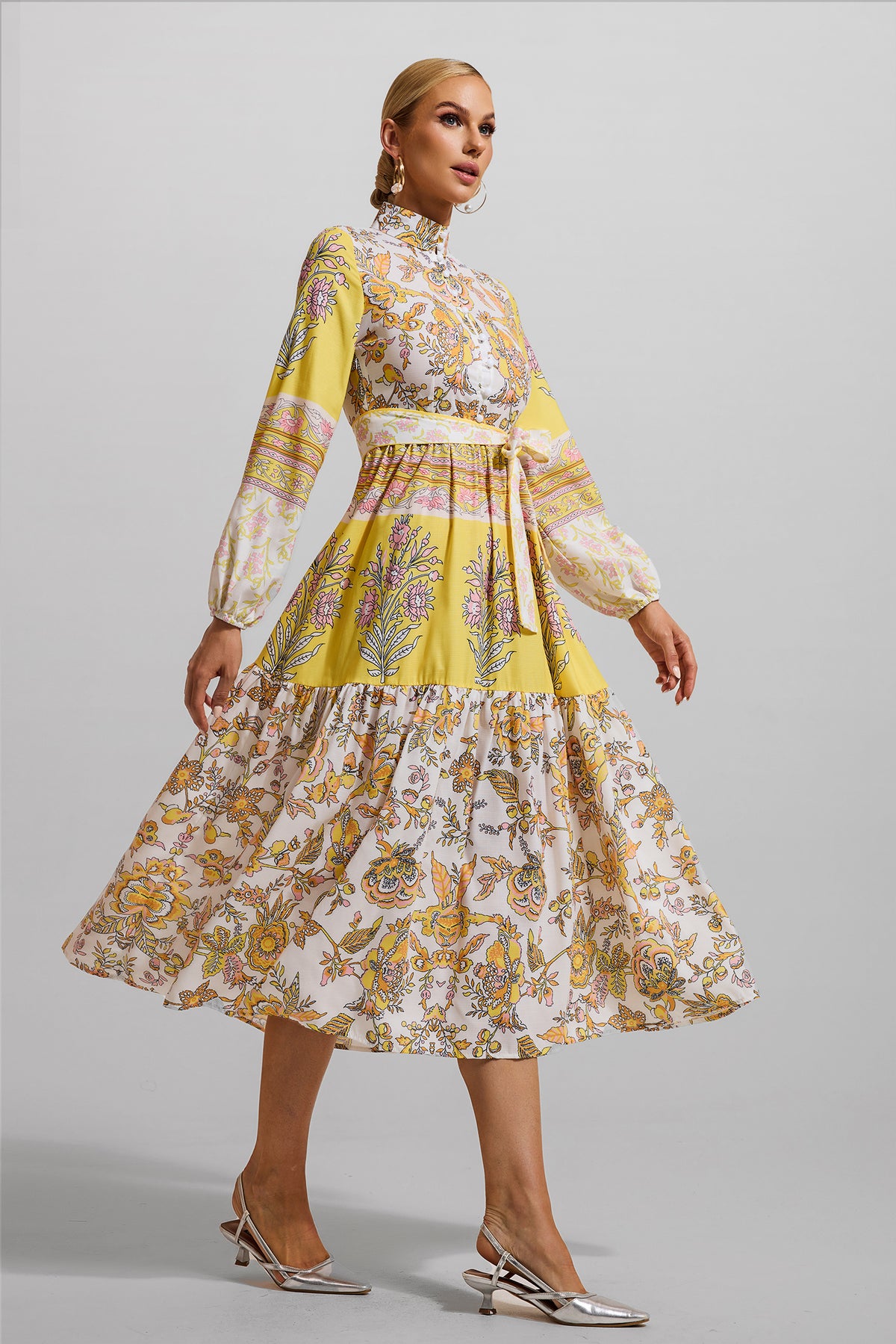 Lantern Sleeve Bottom Midi Dress With Belt