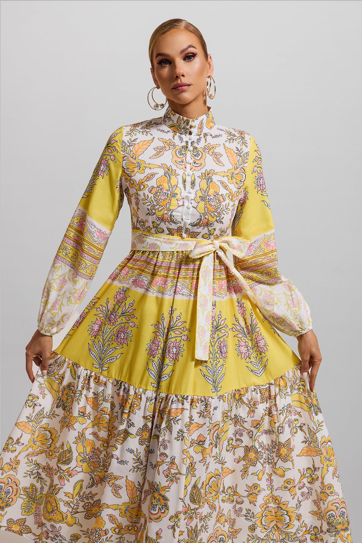 Lantern Sleeve Bottom Midi Dress With Belt