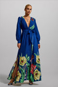 V-neck Lantern Sleeve Maxi Dress