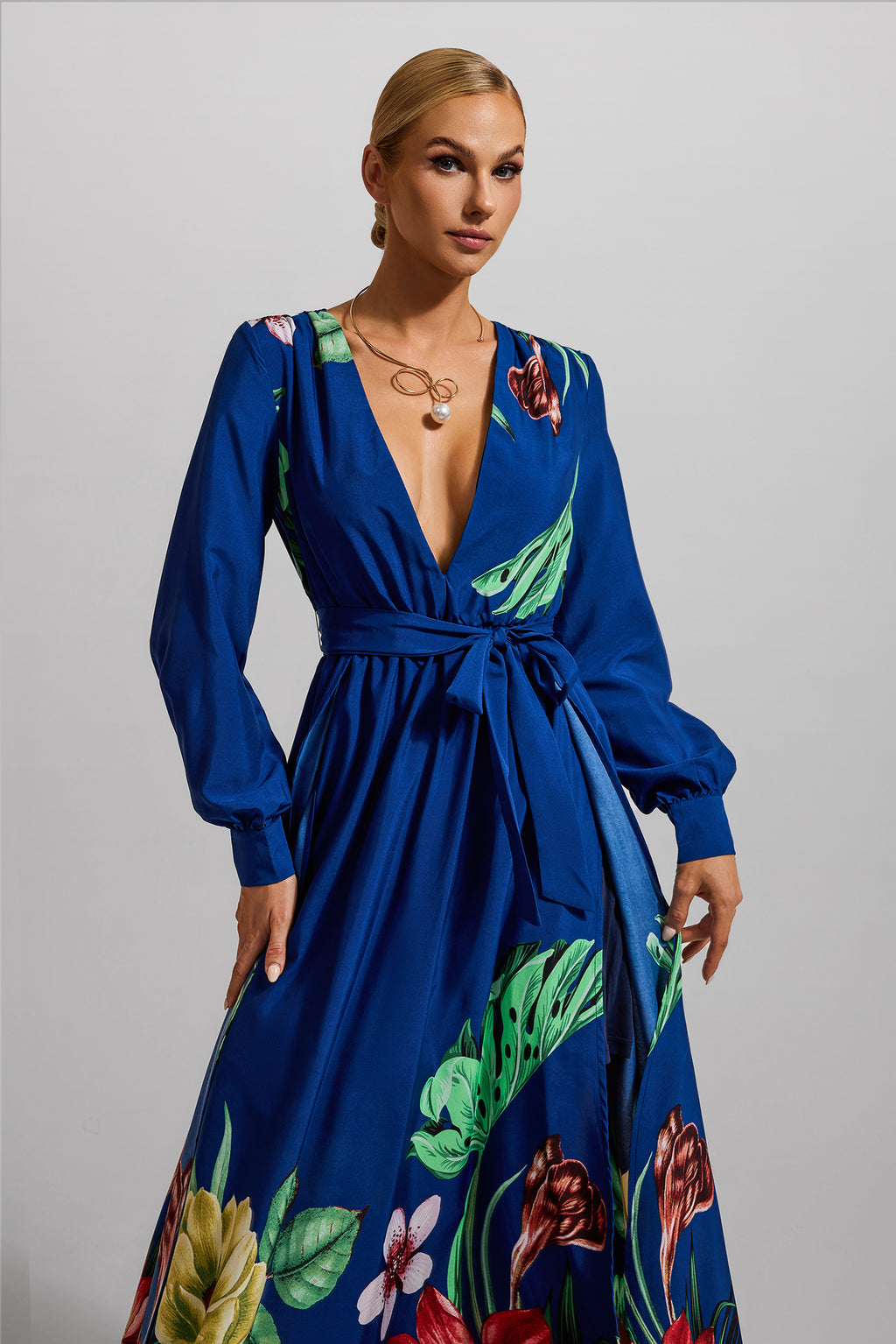 V-neck Lantern Sleeve Maxi Dress