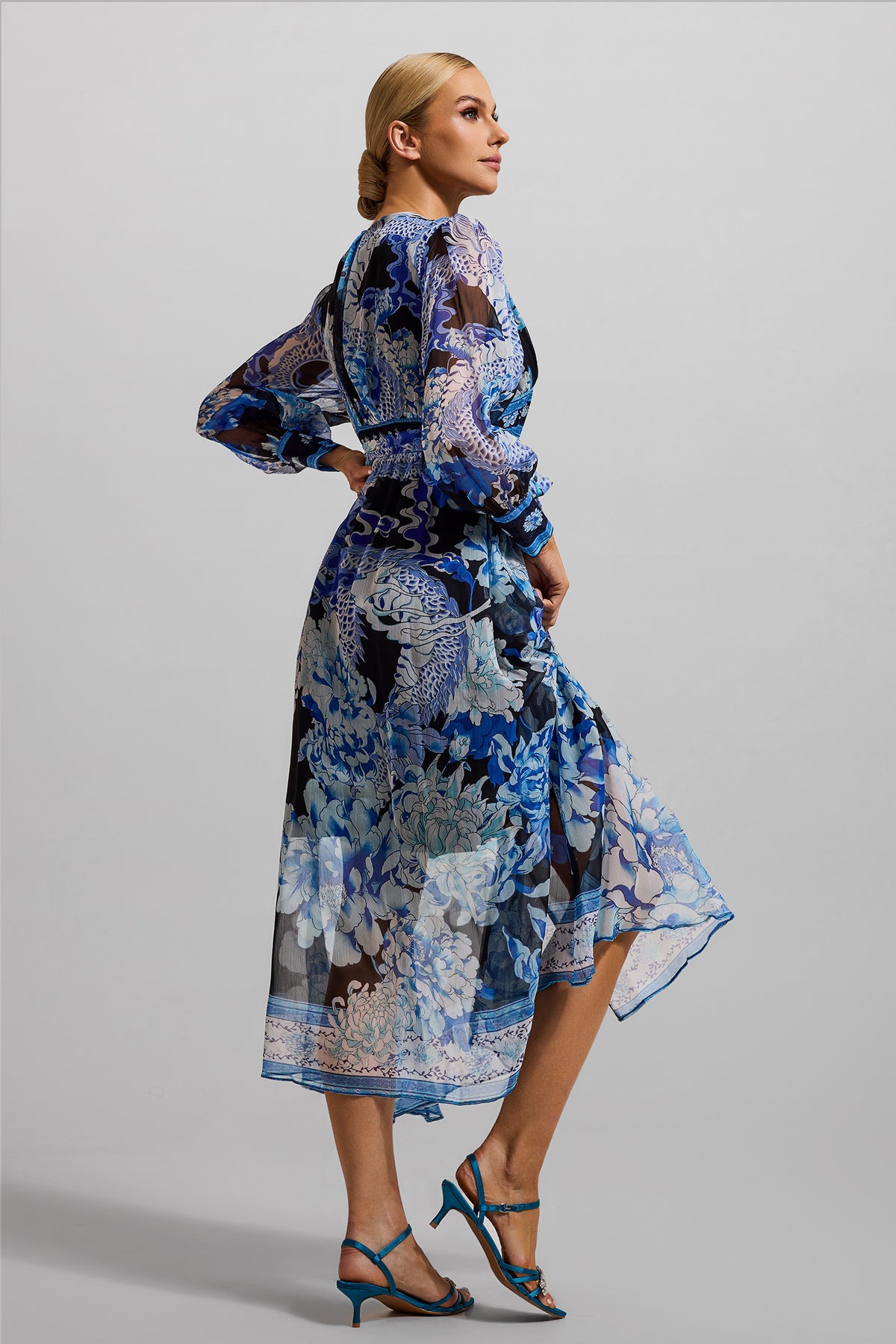 Dragon Print V-neck Lantern Sleeve Midi Dress Dark Blue