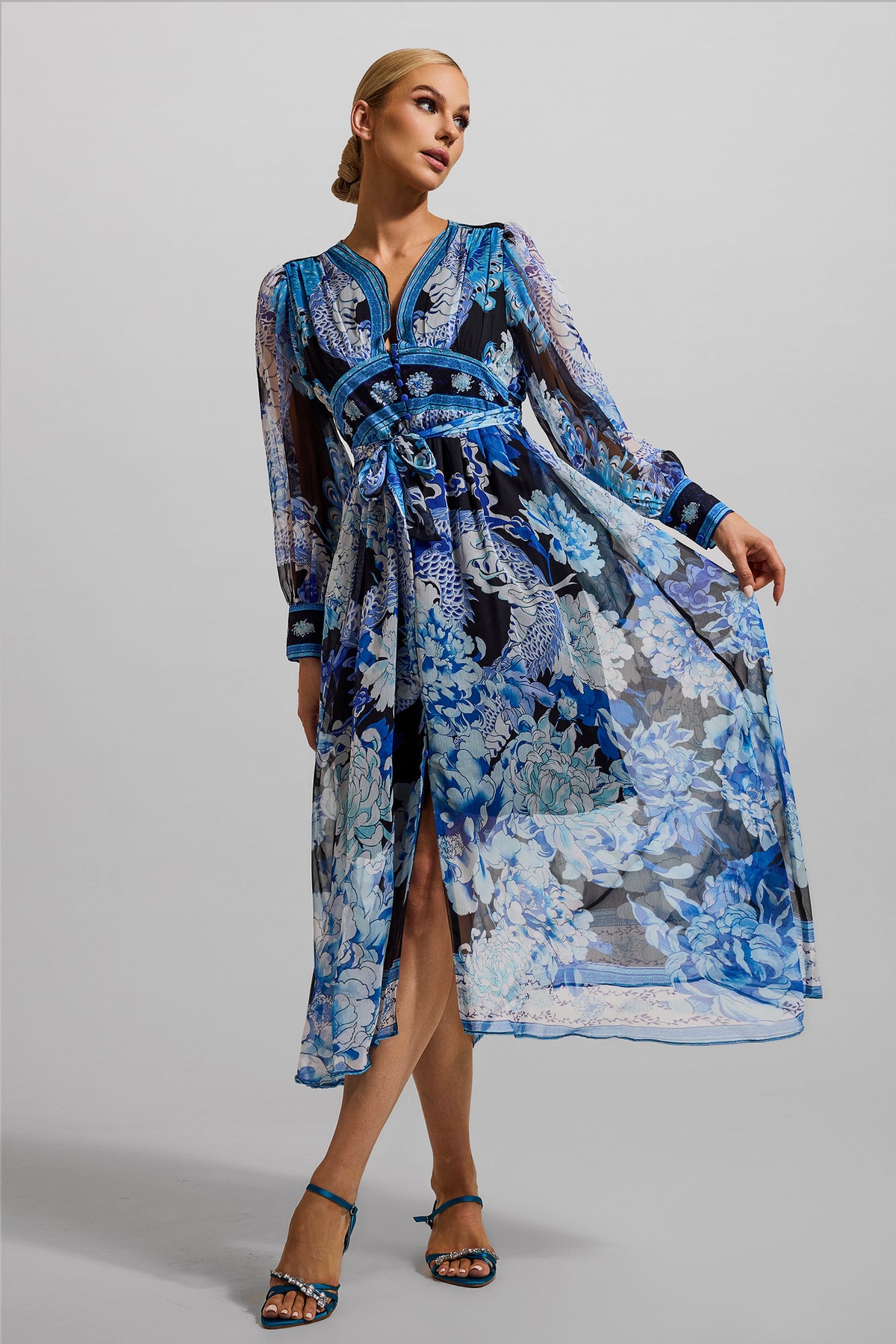 Dragon Print V-neck Lantern Sleeve Midi Dress Dark Blue