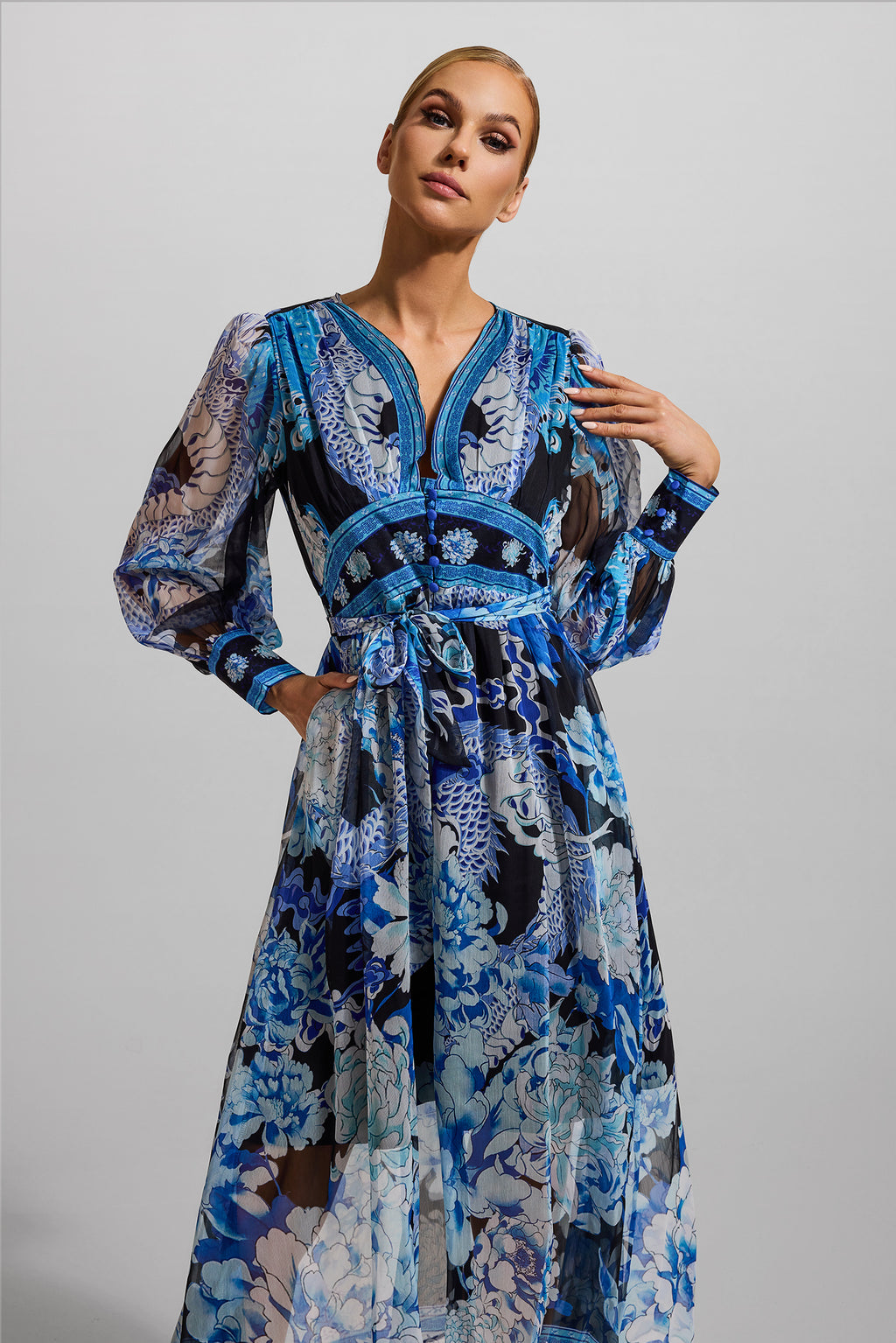 Dragon Print V-neck Lantern Sleeve Midi Dress Dark Blue