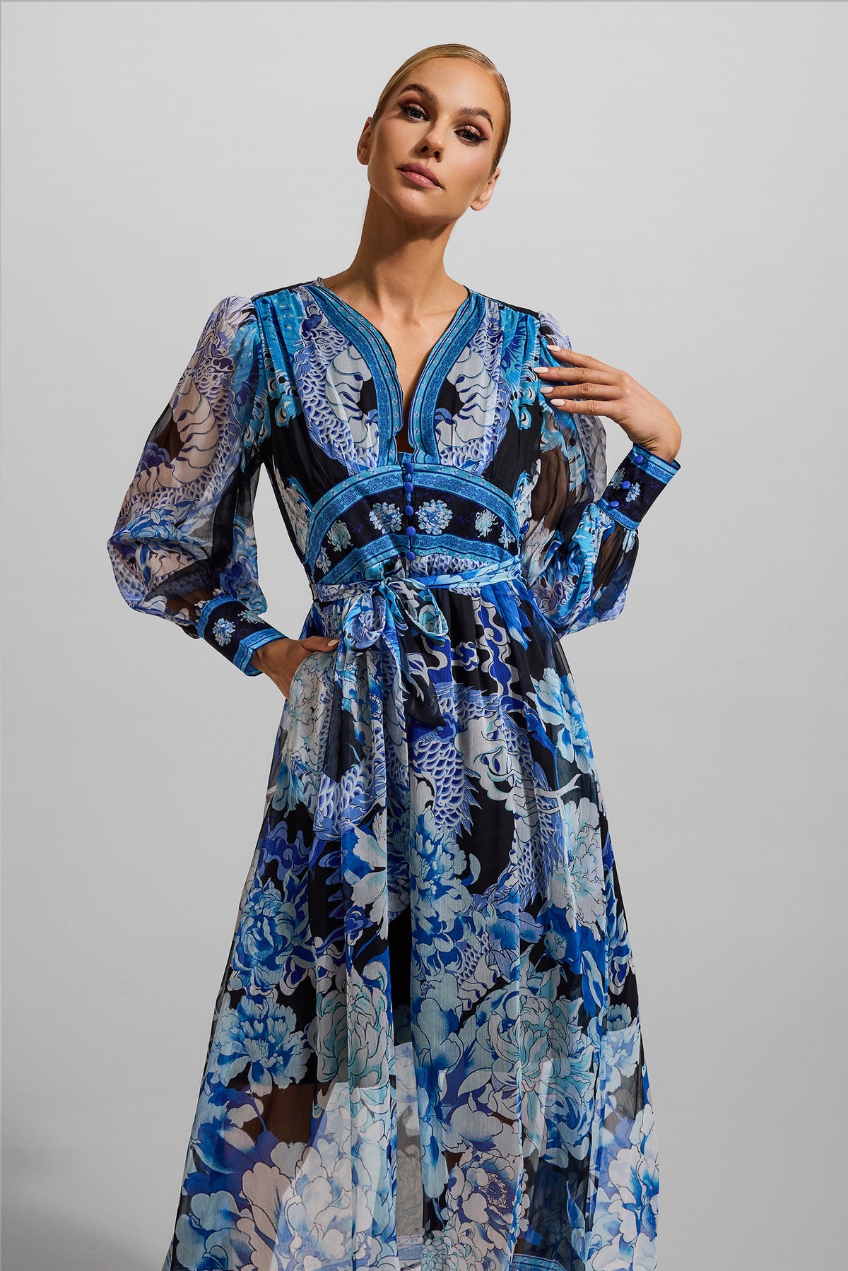 Dragon Print V-neck Lantern Sleeve Midi Dress Dark Blue