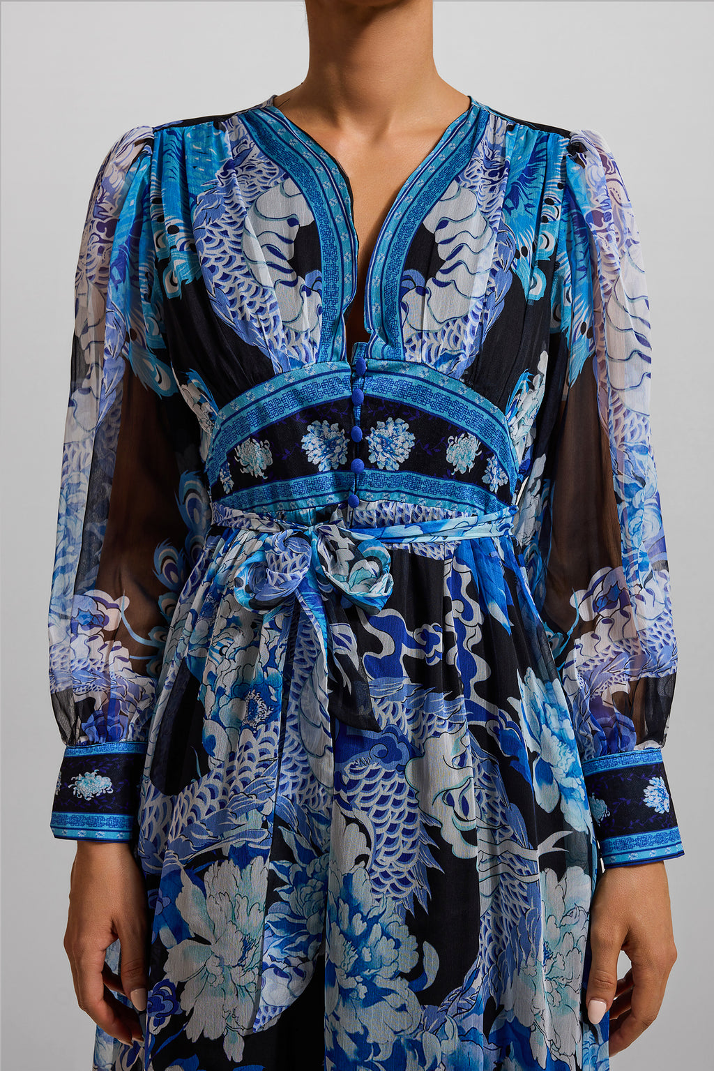 Dragon Print V-neck Lantern Sleeve Midi Dress Dark Blue