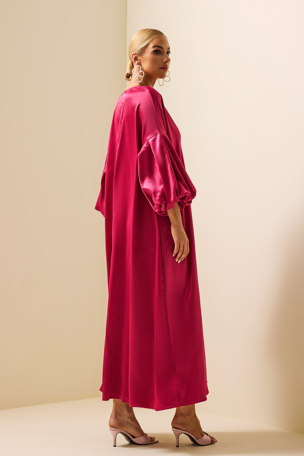 Satin Puff Sleeve V-neck Maxi Dress