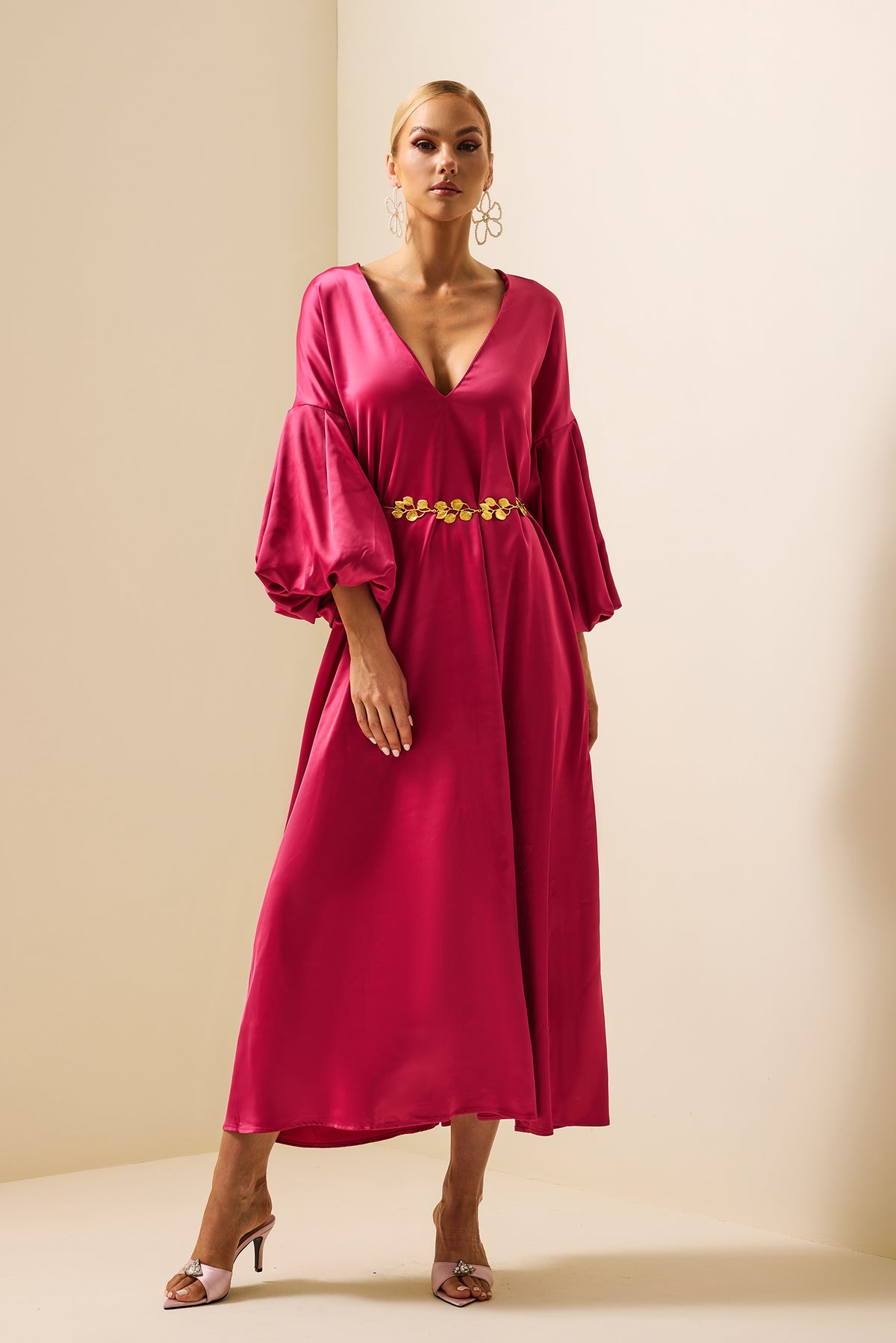 Satin Puff Sleeve V-neck Maxi Dress