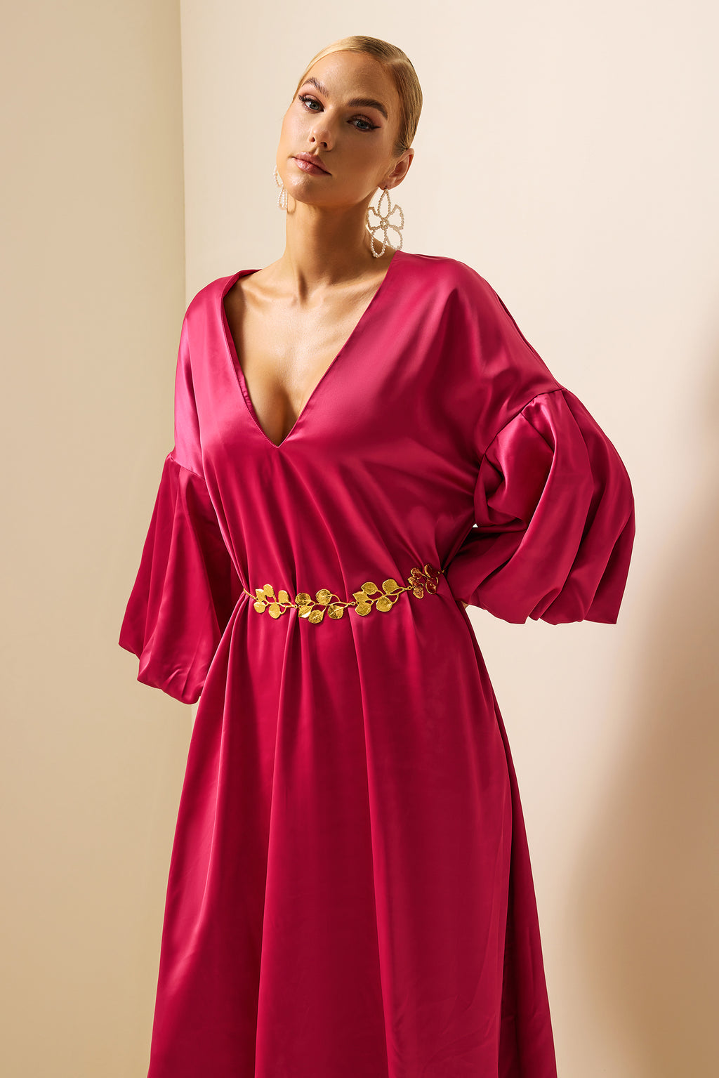 Satin Puff Sleeve V-neck Maxi Dress
