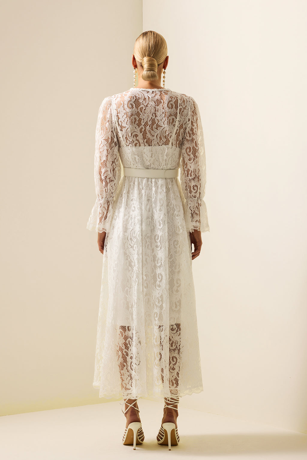 Lace Long Sleeve Midi Dress With Belt