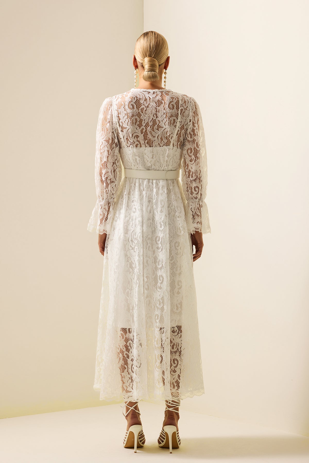 Lace Long Sleeve Midi Dress With Belt