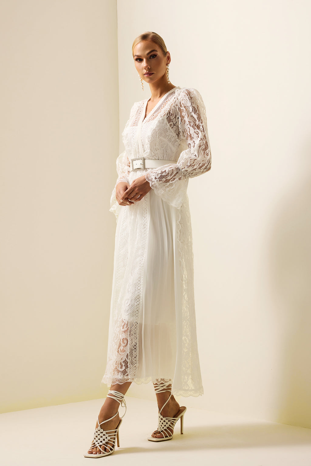 Lace Long Sleeve Midi Dress With Belt