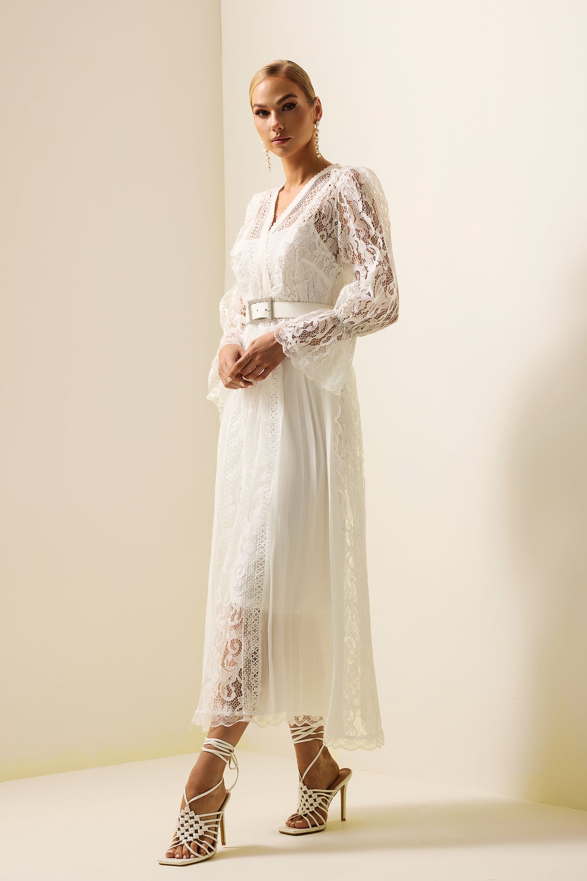 Lace Long Sleeve Midi Dress With Belt