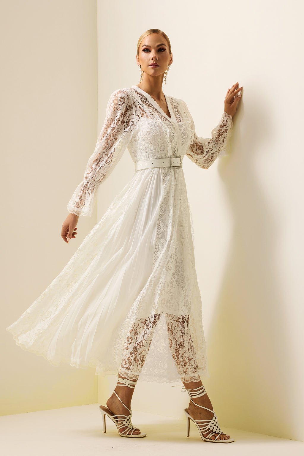Lace Long Sleeve Midi Dress With Belt