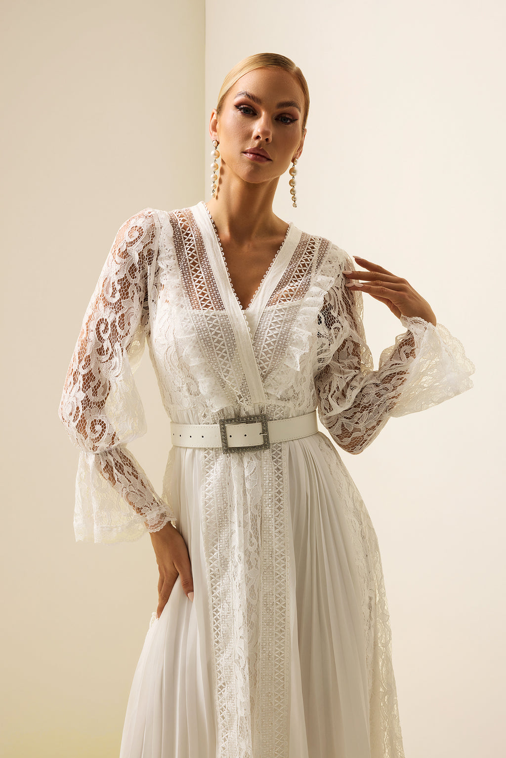 Lace Long Sleeve Midi Dress With Belt