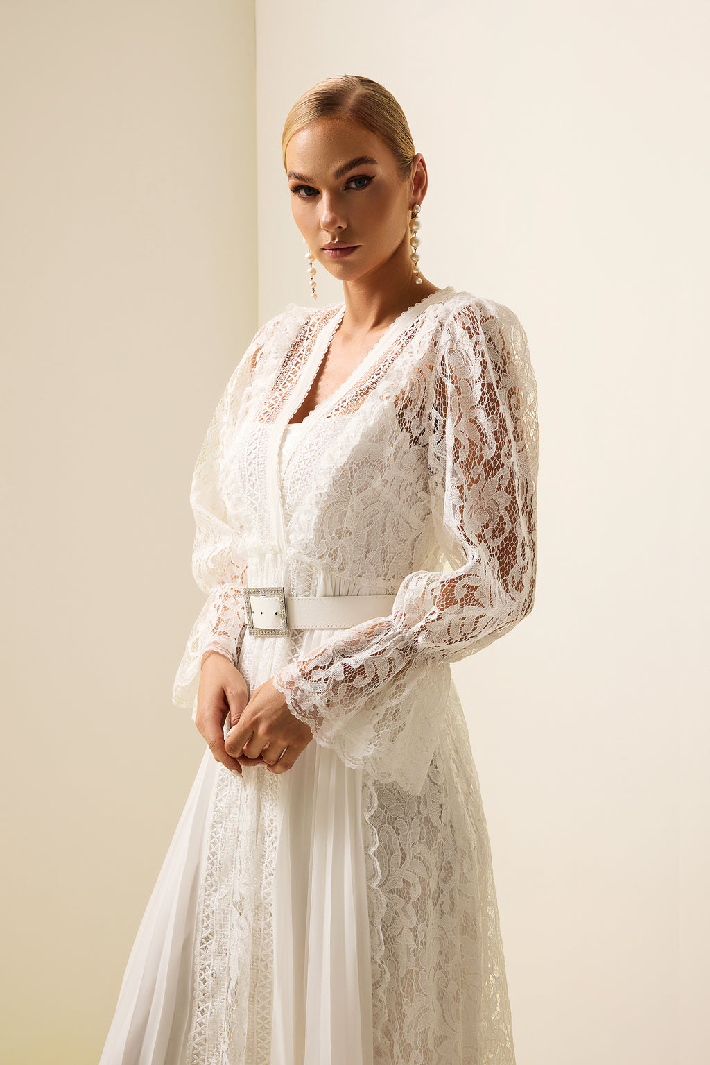 Lace Long Sleeve Midi Dress With Belt