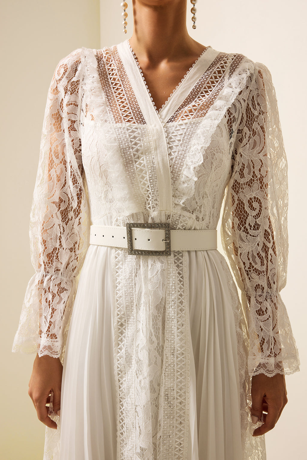 Lace Long Sleeve Midi Dress With Belt