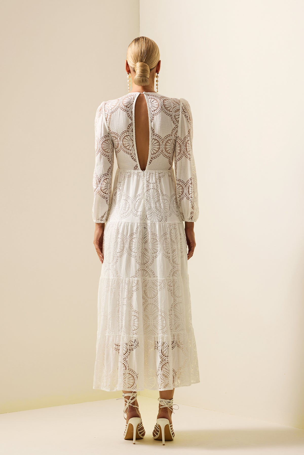 Lace 3d Flower Long Sleeve Midi Dress White