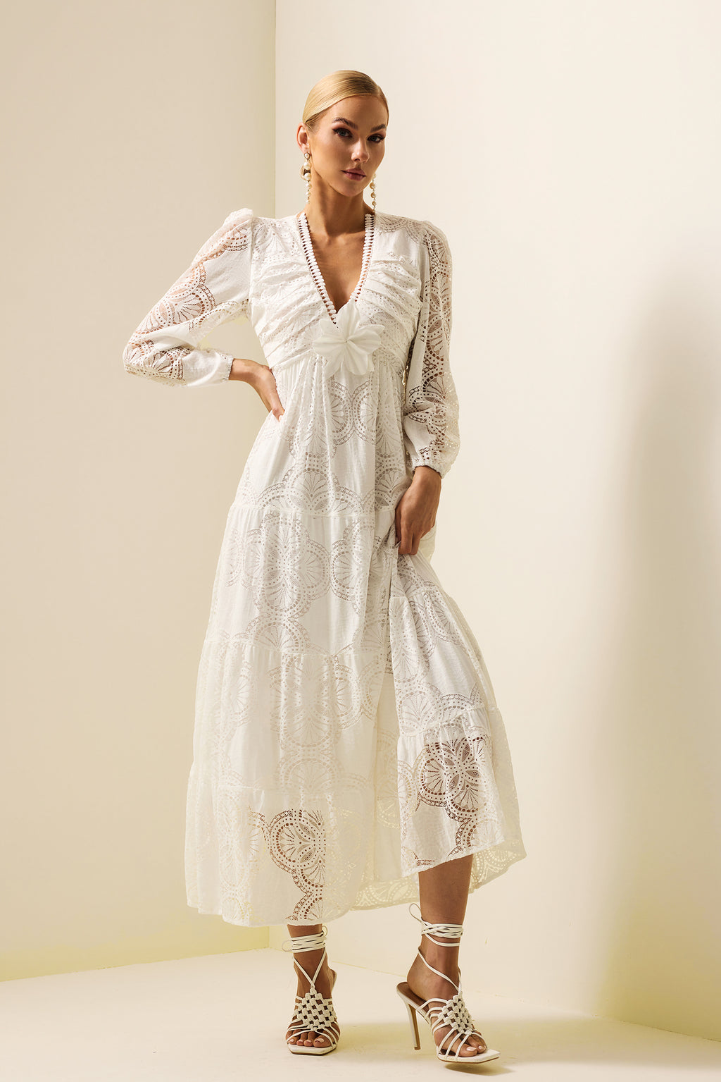 Lace 3d Flower Long Sleeve Midi Dress White