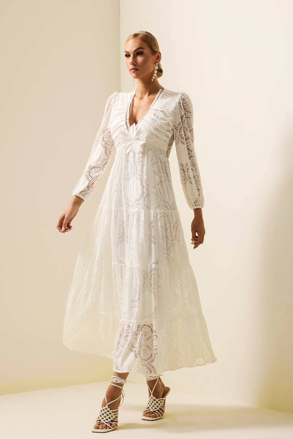 Lace 3d Flower Long Sleeve Midi Dress White