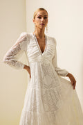 Lace 3d Flower Long Sleeve Midi Dress White
