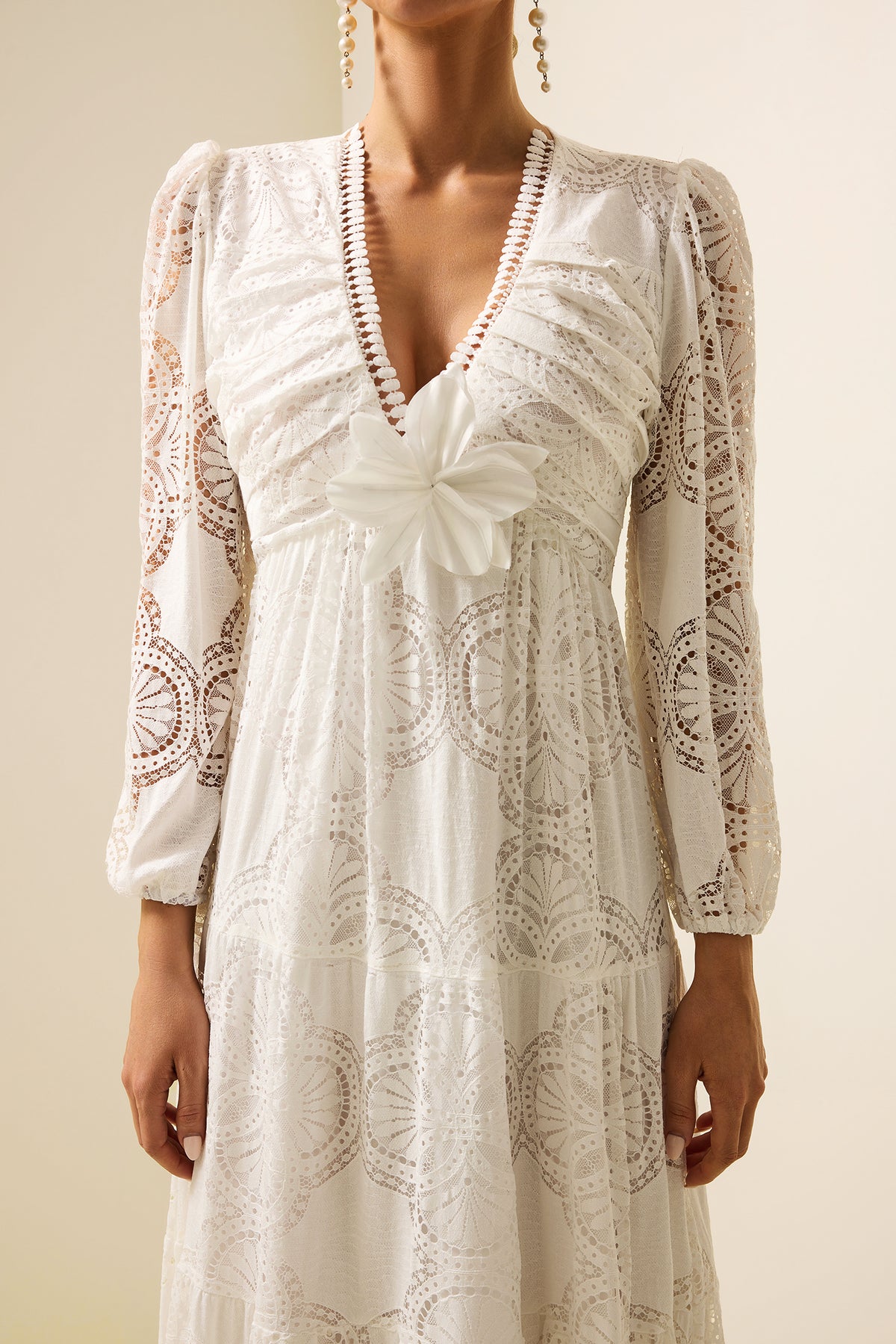 Lace 3d Flower Long Sleeve Midi Dress White
