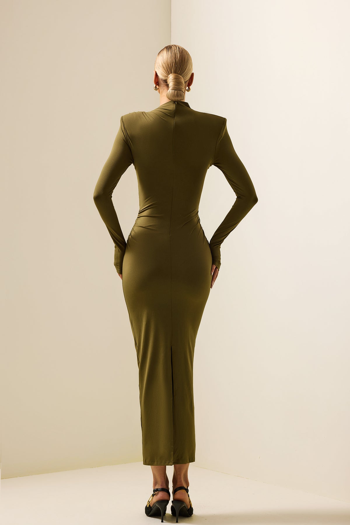 Ruched Long Sleeve Midi Dress