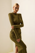 Ruched Long Sleeve Midi Dress