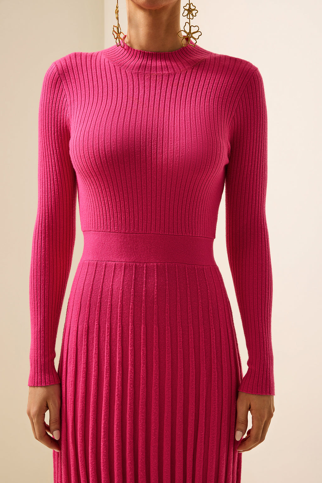 Knit Pleated Long Sleeve Midi Dress