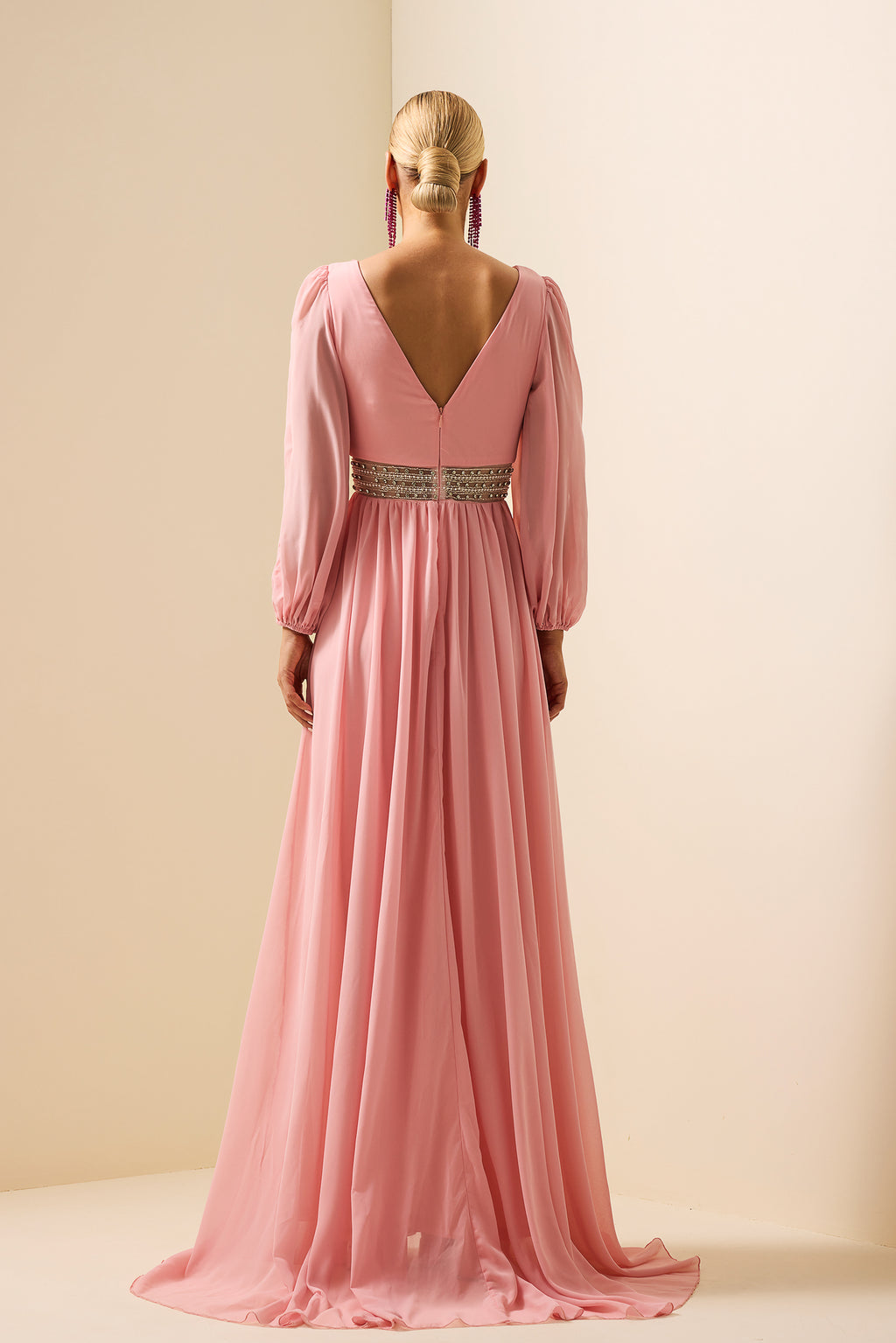 Rhinestone Lantern Sleeve Maxi Dress