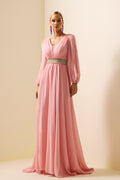 Rhinestone Lantern Sleeve Maxi Dress