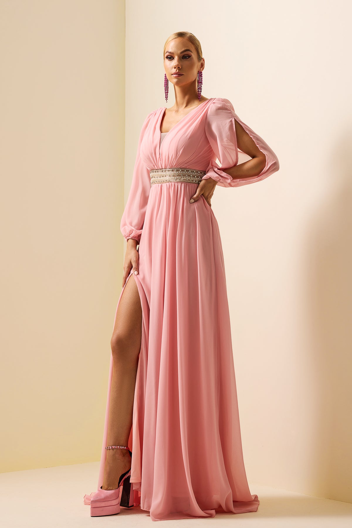Rhinestone Lantern Sleeve Maxi Dress