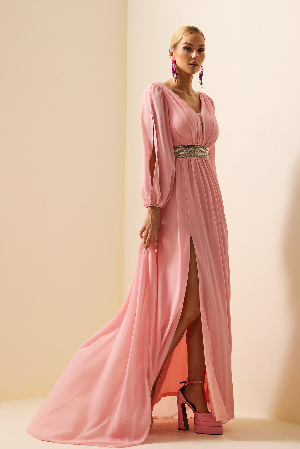 Rhinestone Lantern Sleeve Maxi Dress