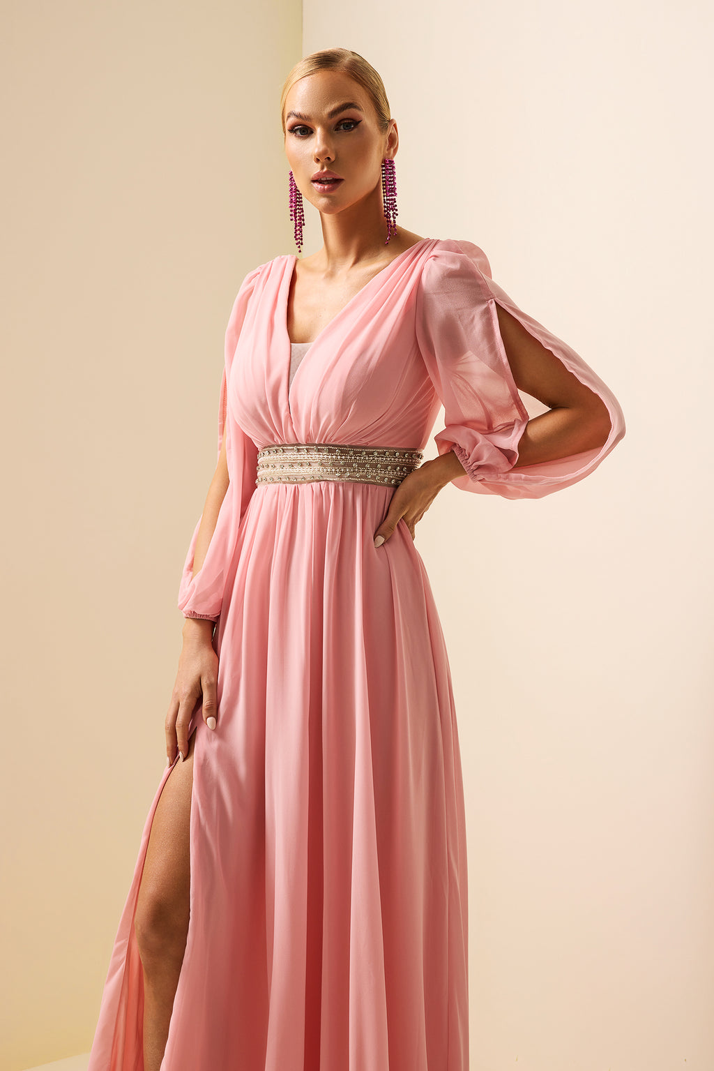 Rhinestone Lantern Sleeve Maxi Dress
