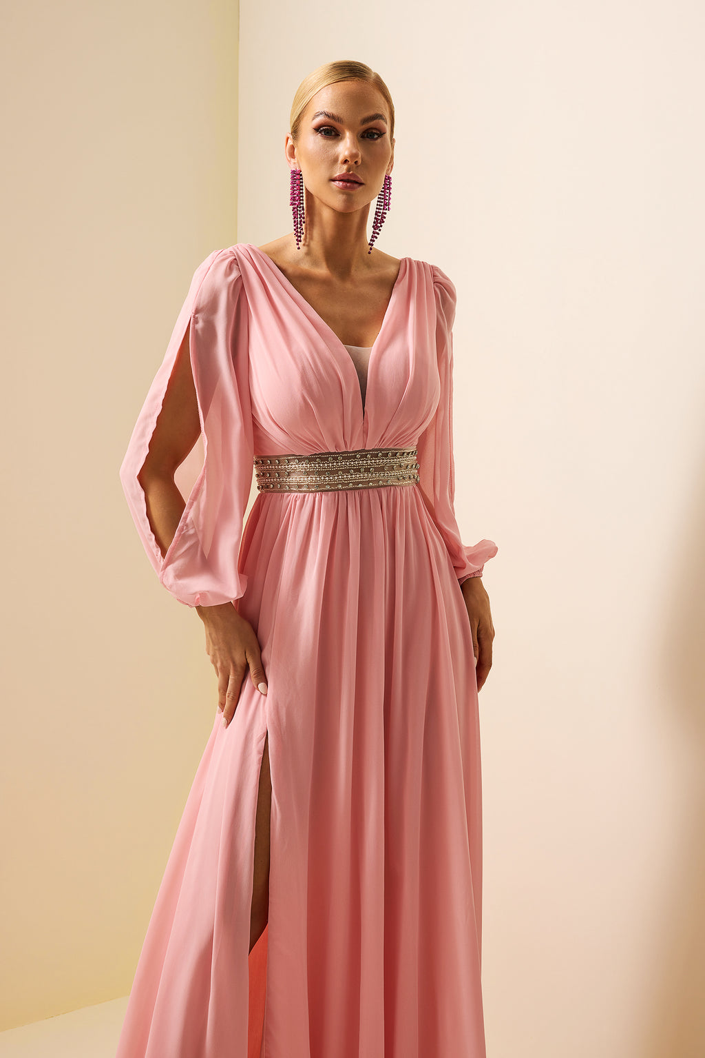 Rhinestone Lantern Sleeve Maxi Dress