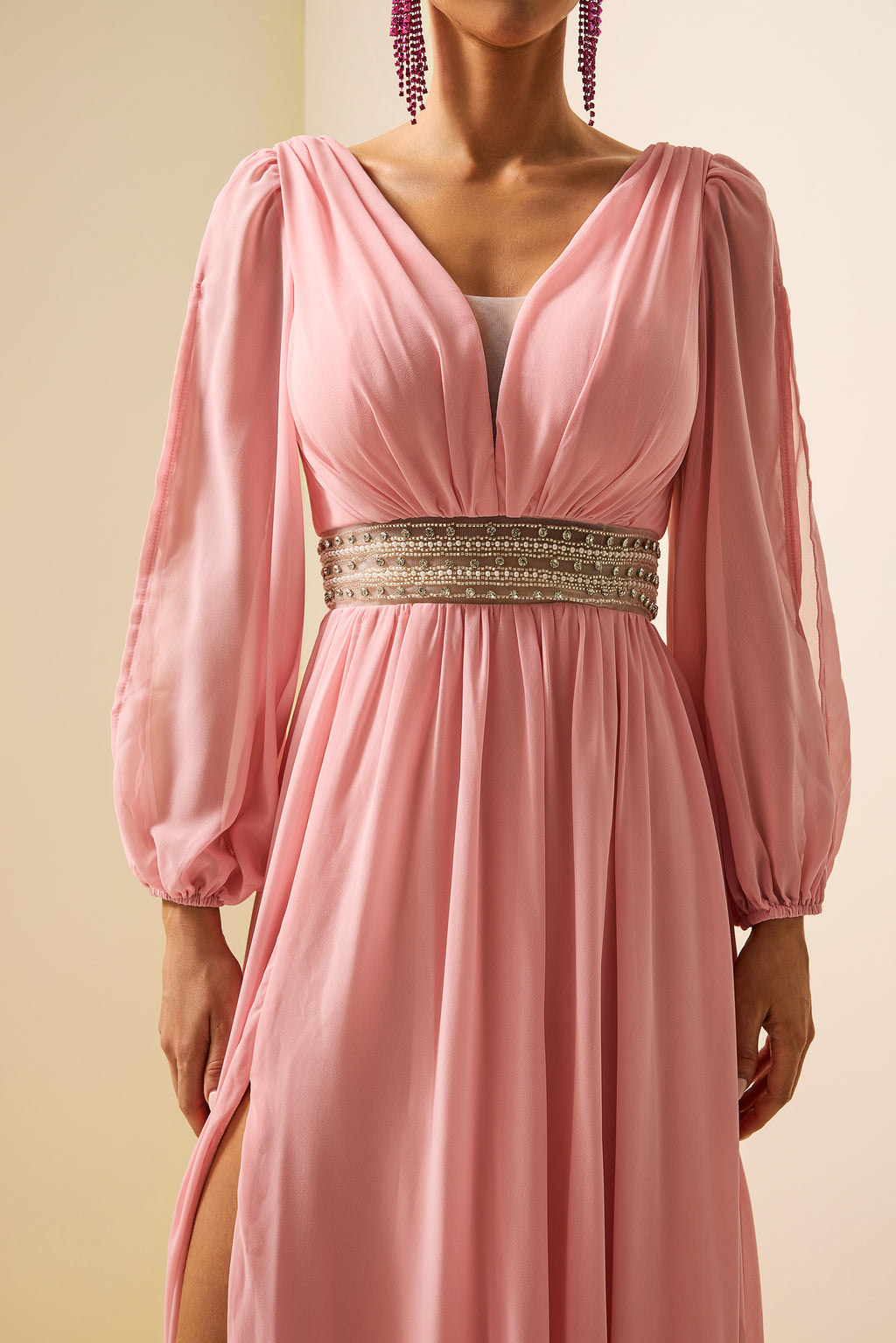 Rhinestone Lantern Sleeve Maxi Dress
