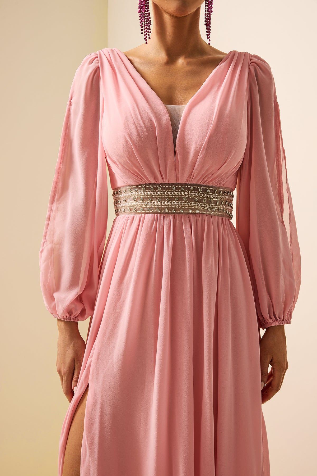 Rhinestone Lantern Sleeve Maxi Dress