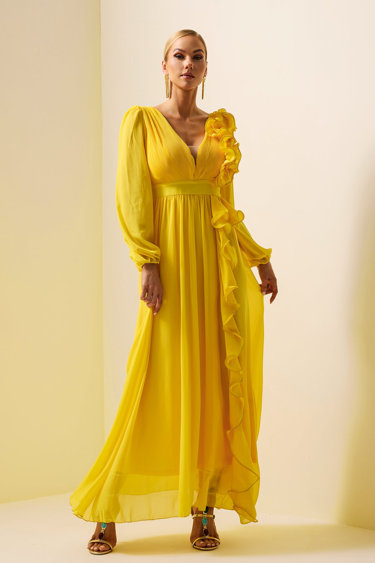Lantern Sleeve Frill Maxi Dress