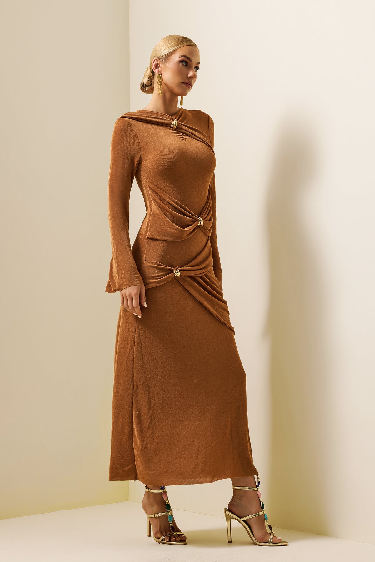 Knit Ruched Long Sleeve Maxi Dress Brown