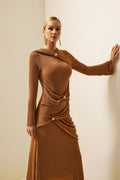 Knit Ruched Long Sleeve Maxi Dress Brown