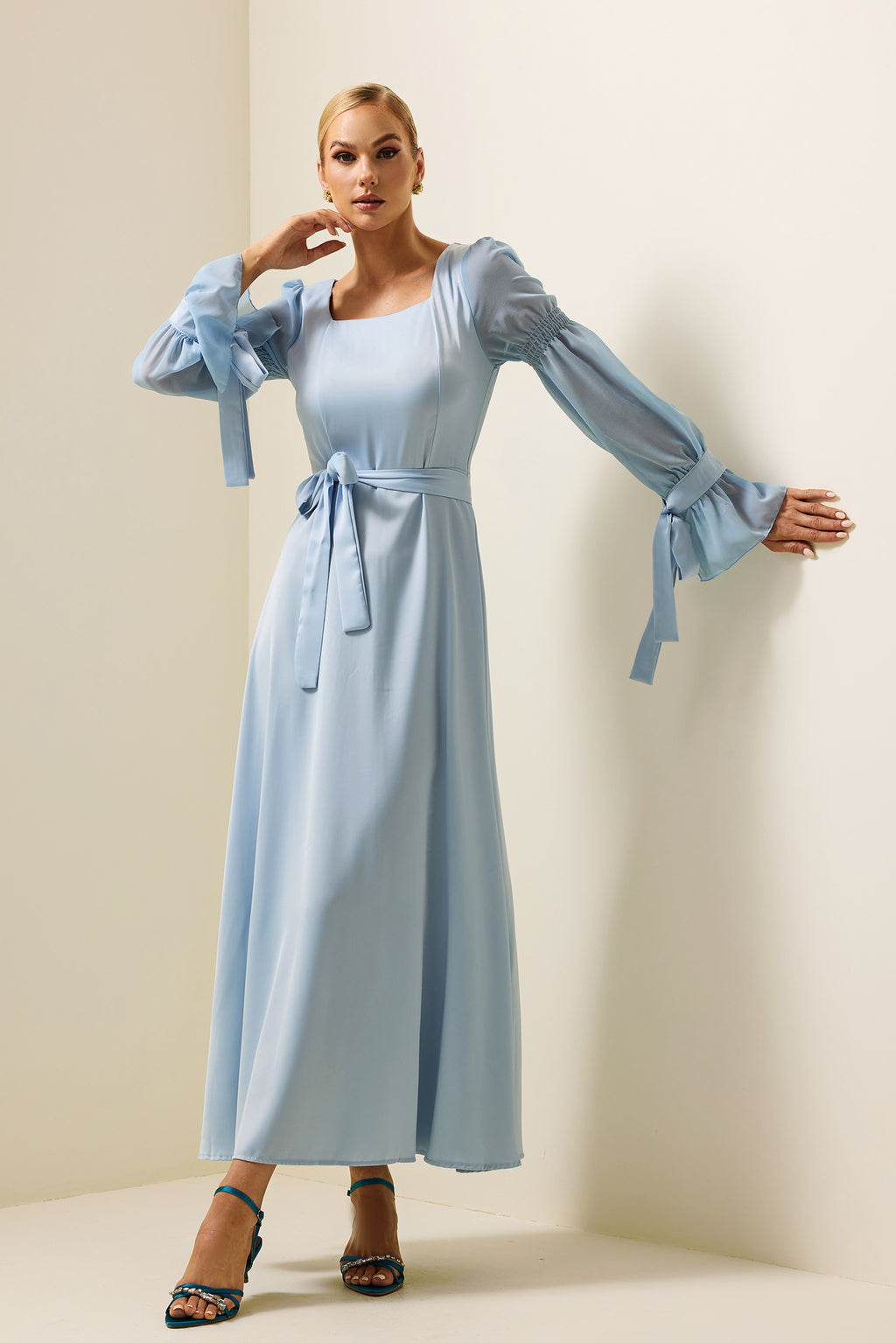 Satin Square Neck Maxi Dress With Belt