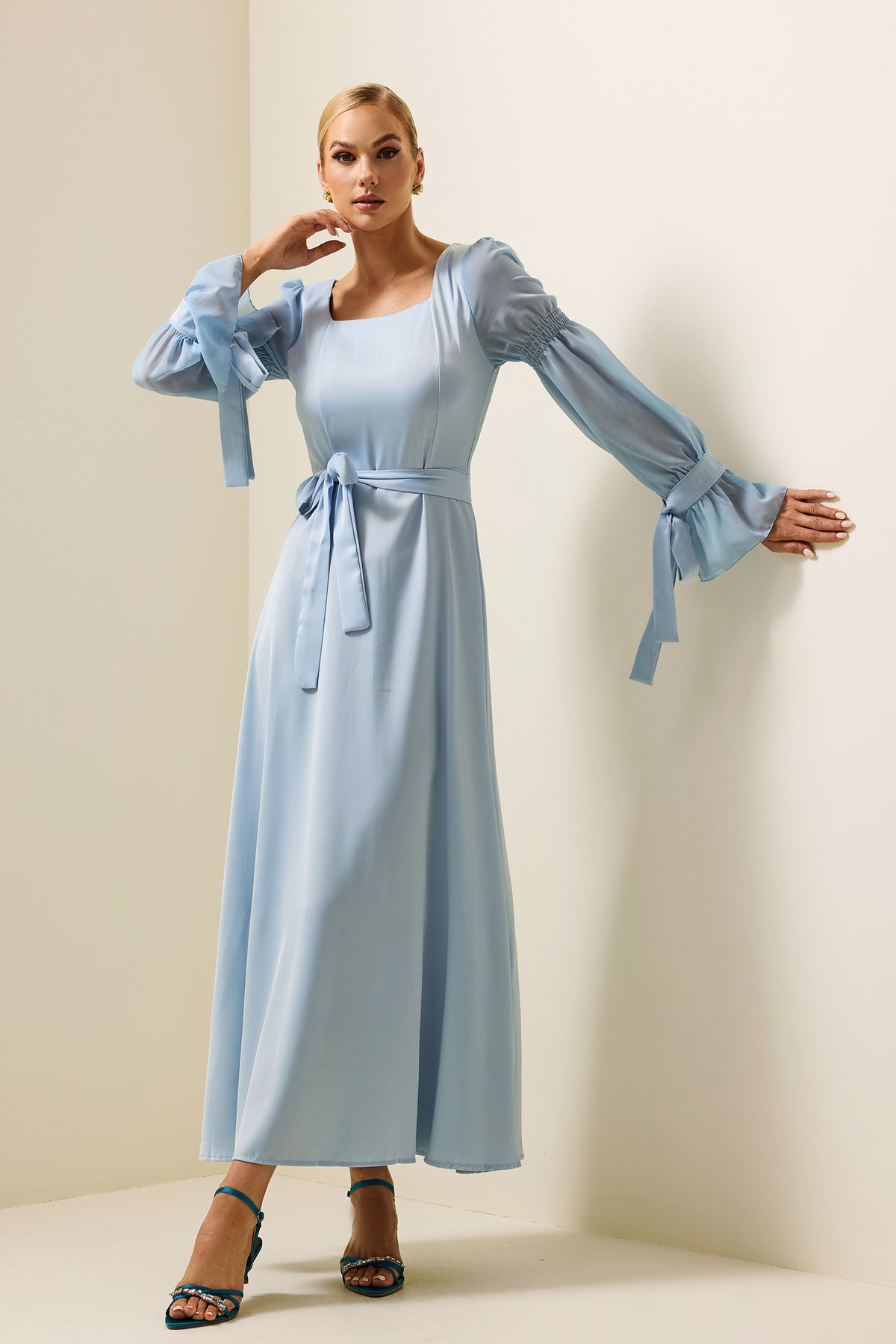 Satin Square Neck Maxi Dress With Belt