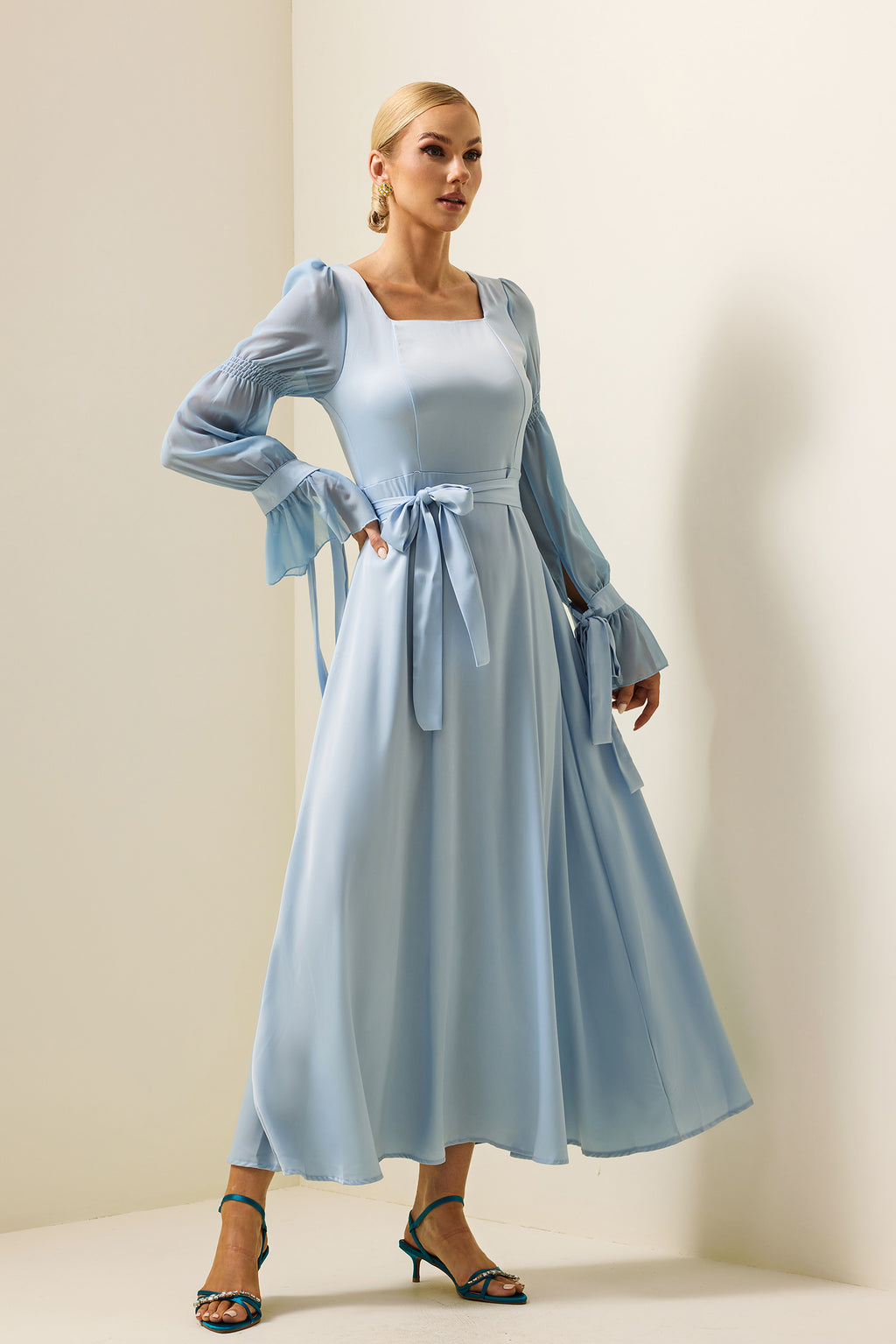 Satin Square Neck Maxi Dress With Belt