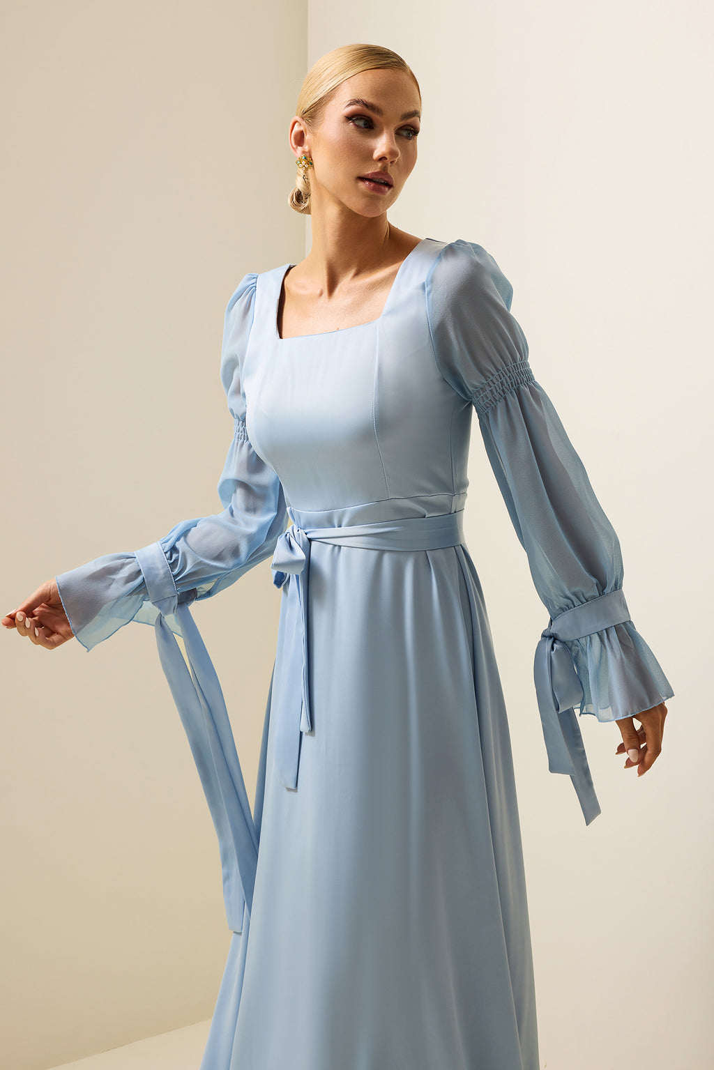 Satin Square Neck Maxi Dress With Belt