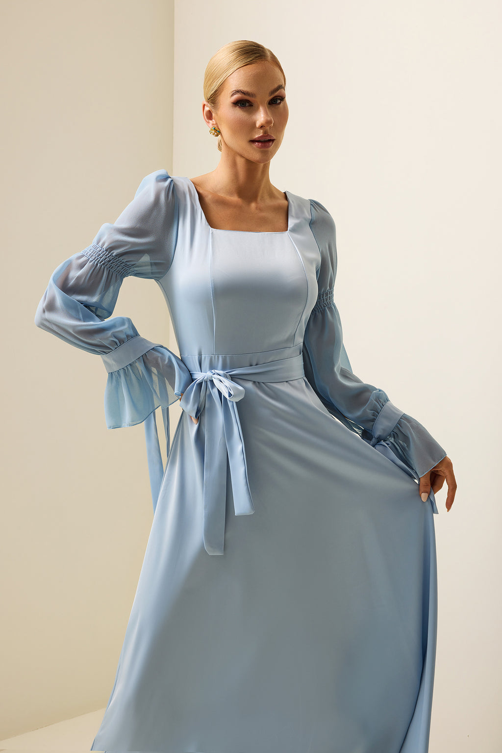 Satin Square Neck Maxi Dress With Belt