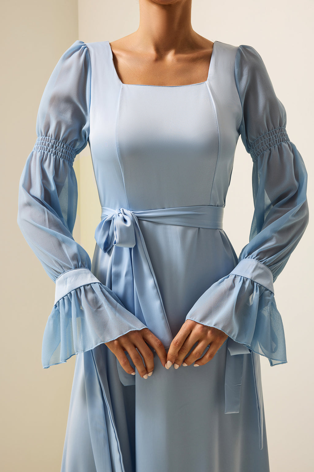 Satin Square Neck Maxi Dress With Belt